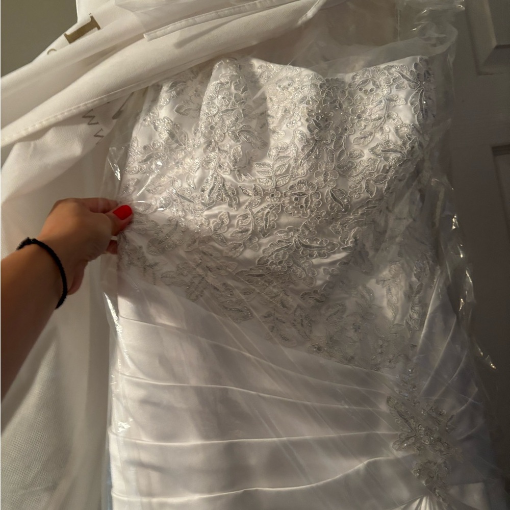 David's Bridal White Wedding Dress with Silver Accents